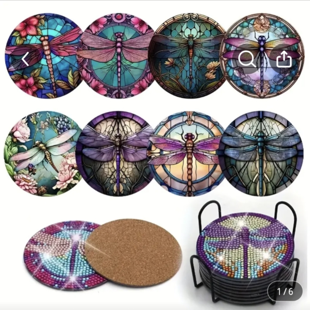 Finished Handmade Diamond Art Dragonfly Coasters Set of 8